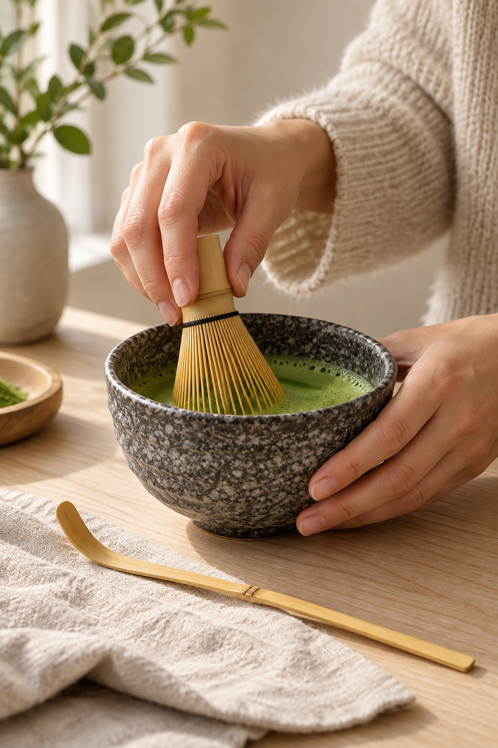 Still Matcha Set - Bowl, Whisk and Scoop: in use