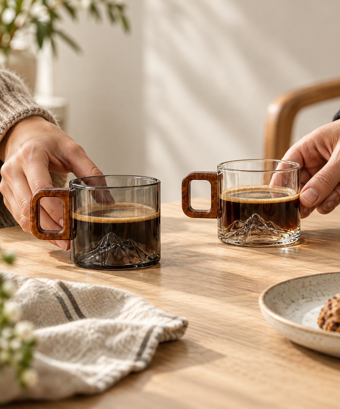 Ridgeline Glass Coffee Cups - Set of Two: in use