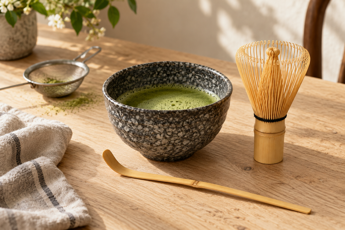 A charcoal-speckled matcha bowl, bamboo whisk and scoop on an oak kitchen table.