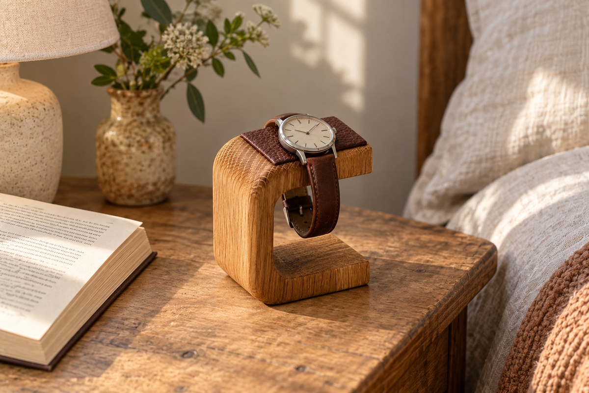 One wristwatch resting on an oak-tone C-shaped stand beside a bed.