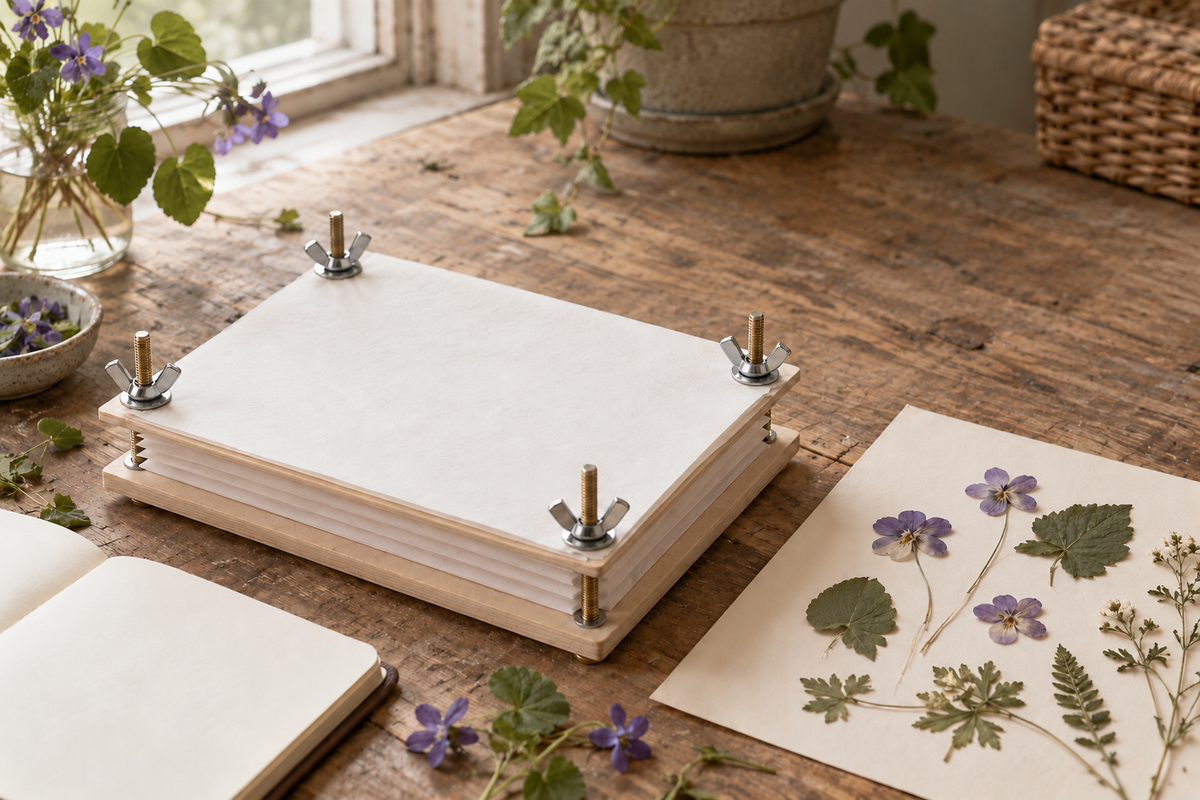 A closed flower press with four wing nuts beside pressed violas and leaves on paper.