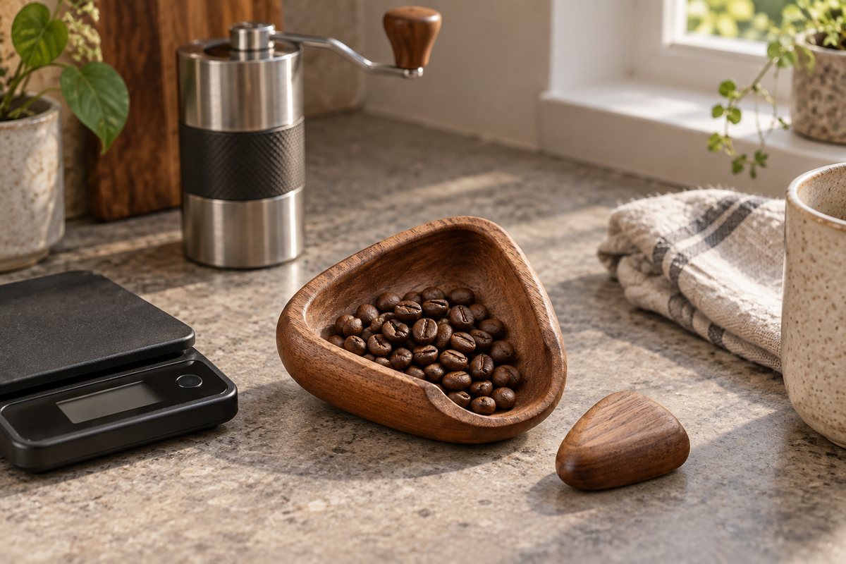A walnut bean dosing tray beside a scale and hand grinder on a kitchen counter.