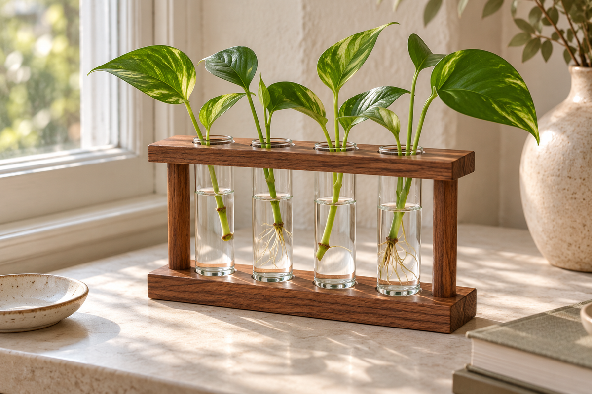 Four glass propagation tubes hold pothos stem cuttings at different stages of root growth.