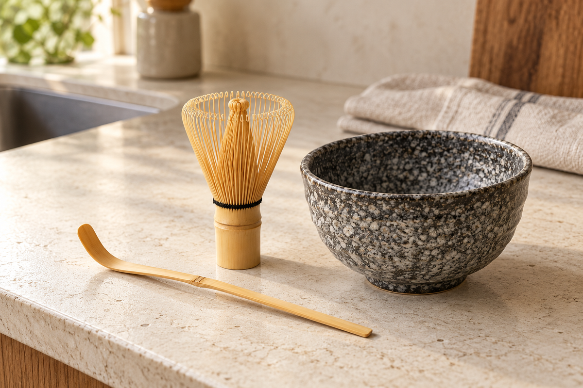 A bamboo matcha whisk standing upright beside a charcoal-speckled bowl and scoop on a cream counter.