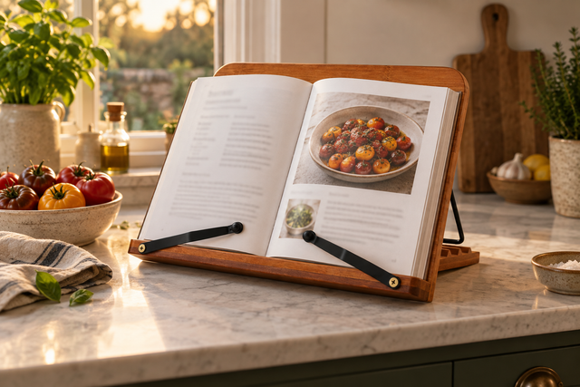 An open cookbook on a bamboo stand with black page stays on a kitchen counter.