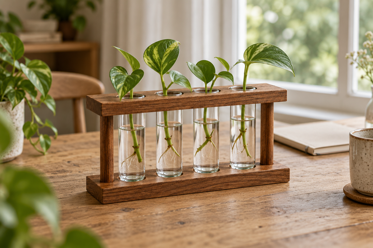 Pothos stem cuttings with visible roots in four glass tubes held by a timber frame.