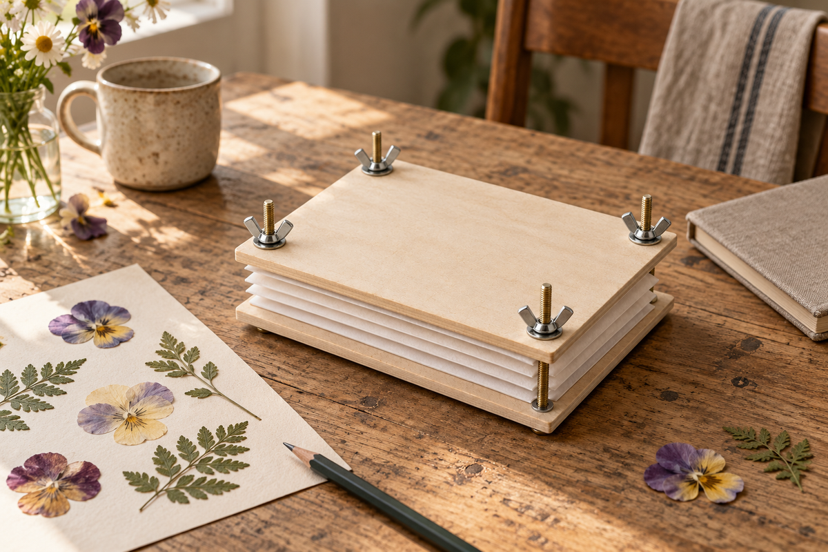 A natural-tone flower press beside pressed violas and leaves on cream paper.