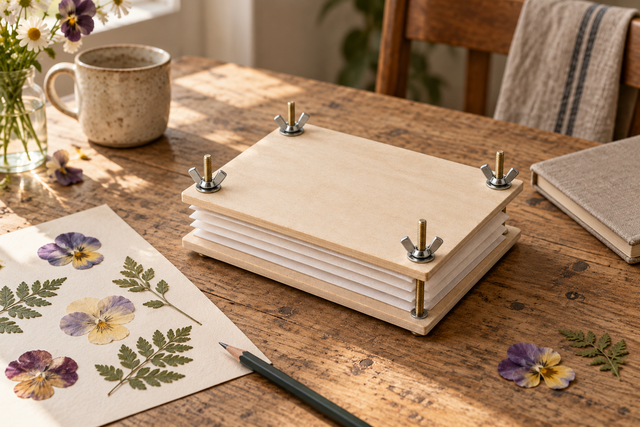 A natural-tone flower press beside pressed violas and leaves on cream paper.