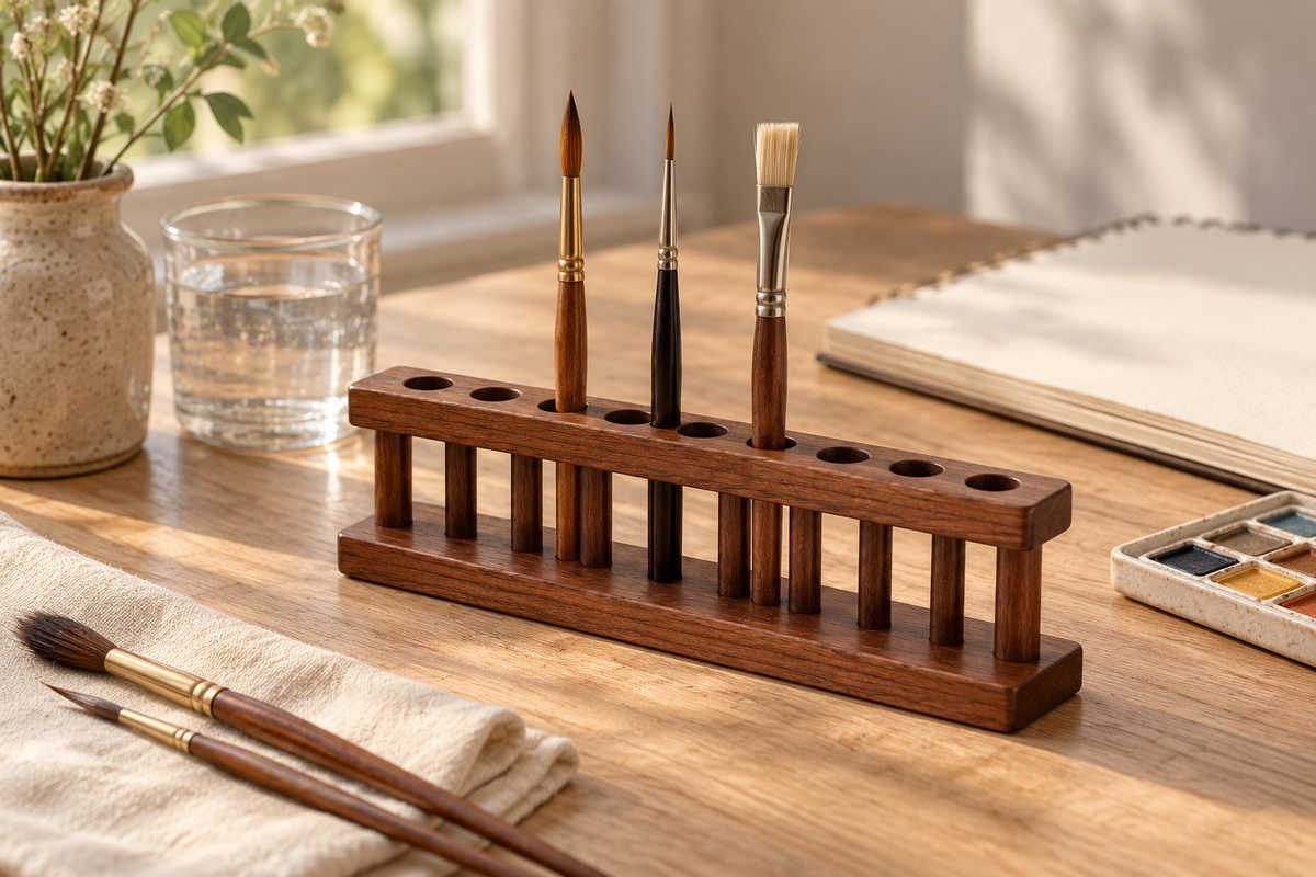 Dry paintbrushes stand in a dark timber-tone rack, with two brushes lying flat on a cloth beside a sketchbook.