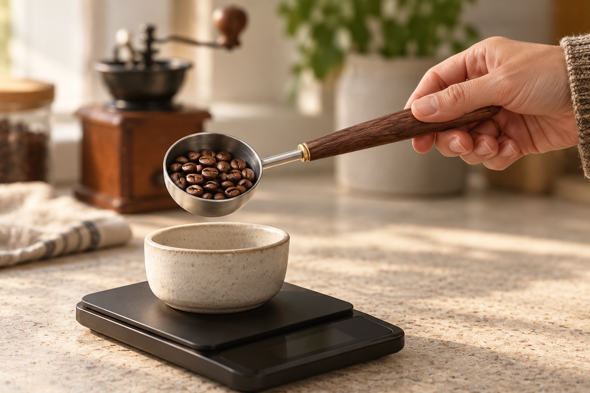 A hand holds a steel coffee scoop of beans above a bowl on a digital scale.