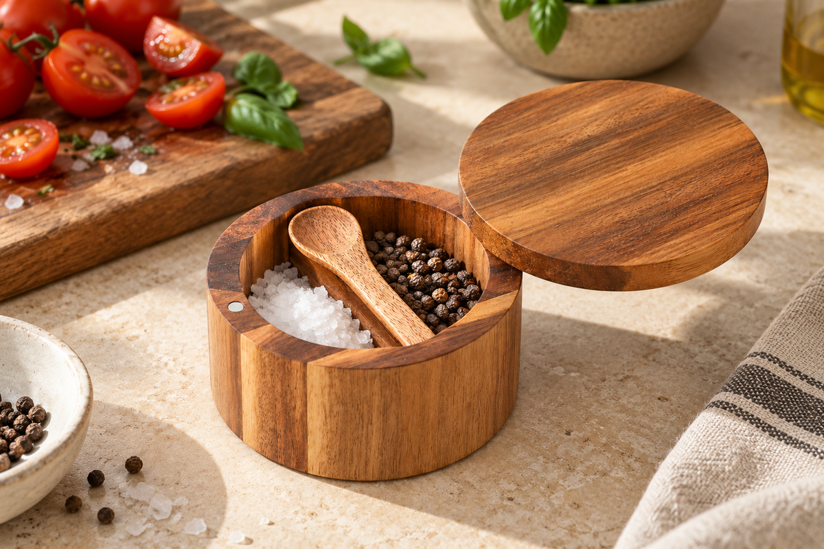 An open two-compartment acacia salt cellar holding salt and pepper beside tomatoes on a kitchen board.