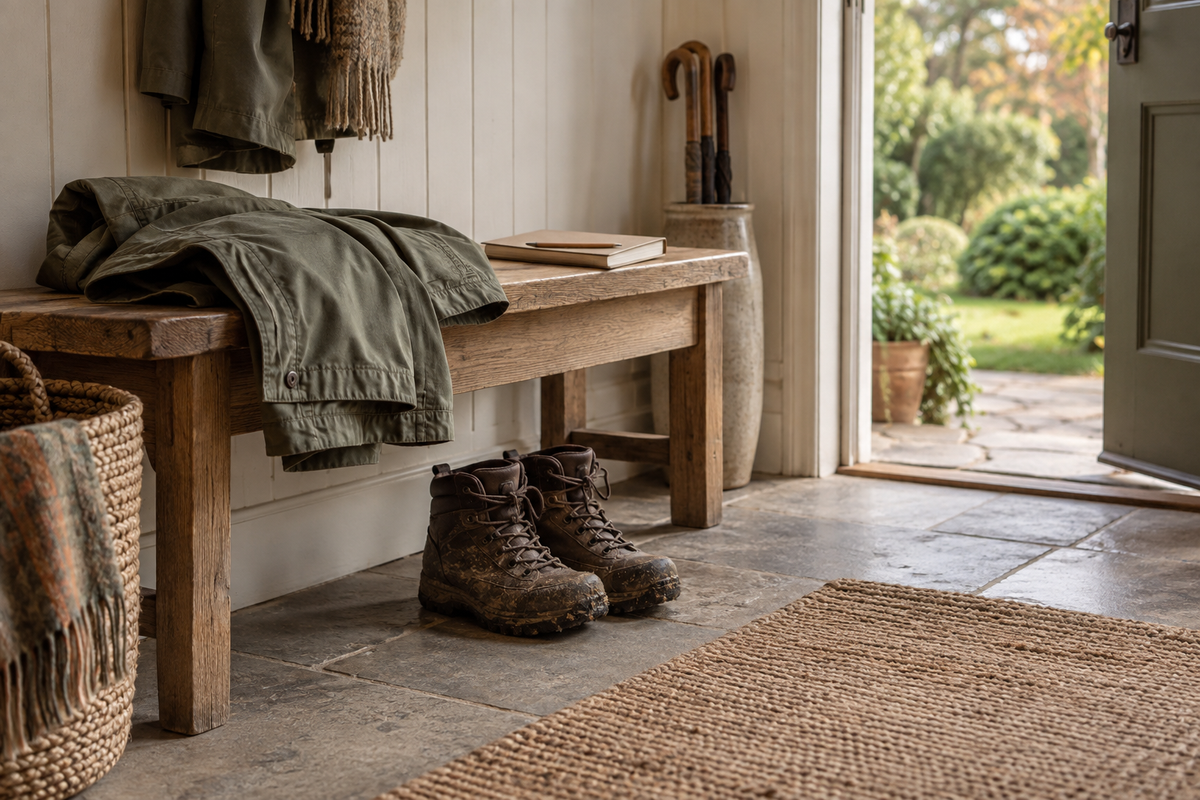Walking boots, a jacket and a notebook ready in a hallway before a walk.