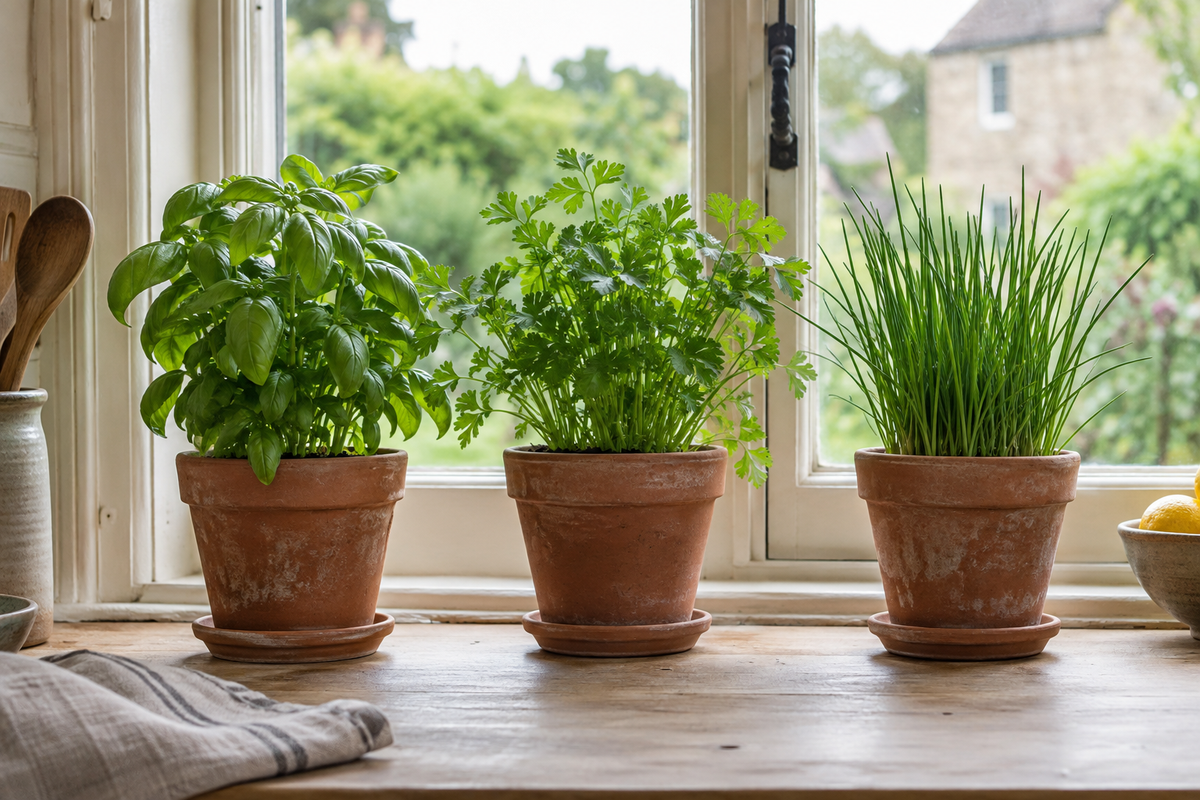 Basil, flat-leaf parsley and chives in terracotta pots on a bright kitchen windowsill.