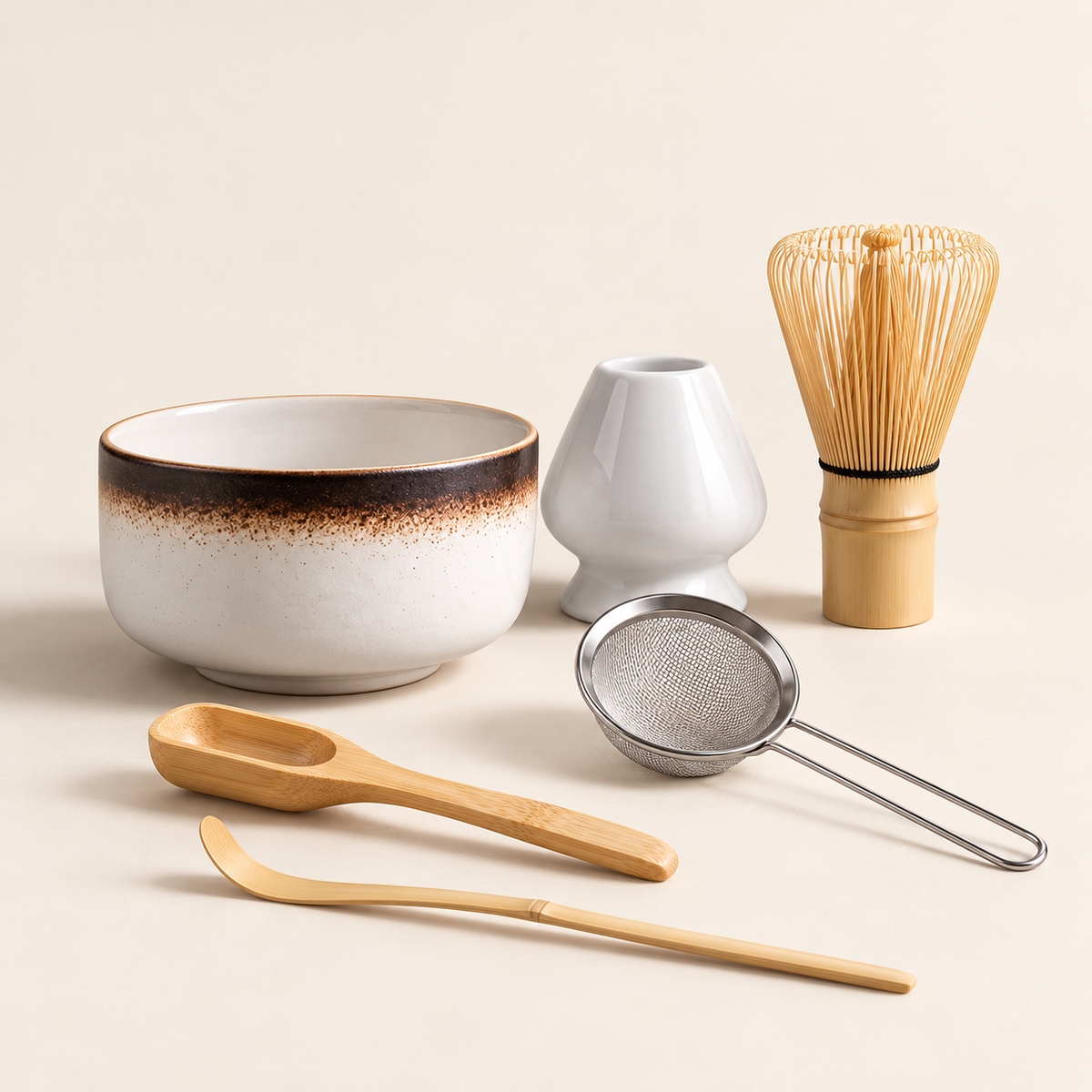 IKI six-piece matcha set in Toasted Ivory, with a white bowl and brown rim