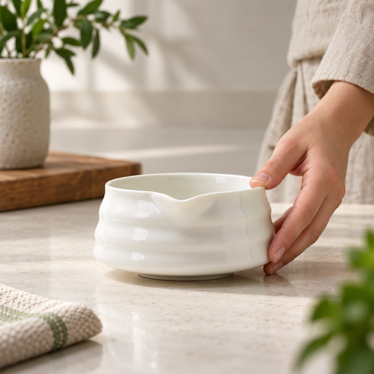White spouted matcha bowl in a home setting