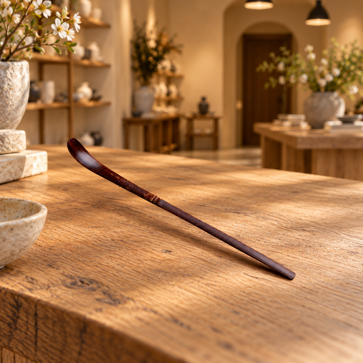 Wooden matcha scoop in the IKI shop setting