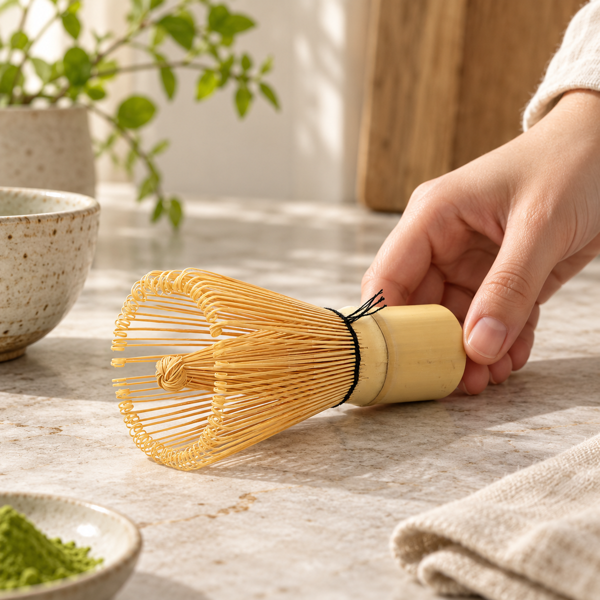 Bamboo matcha whisk in a home setting