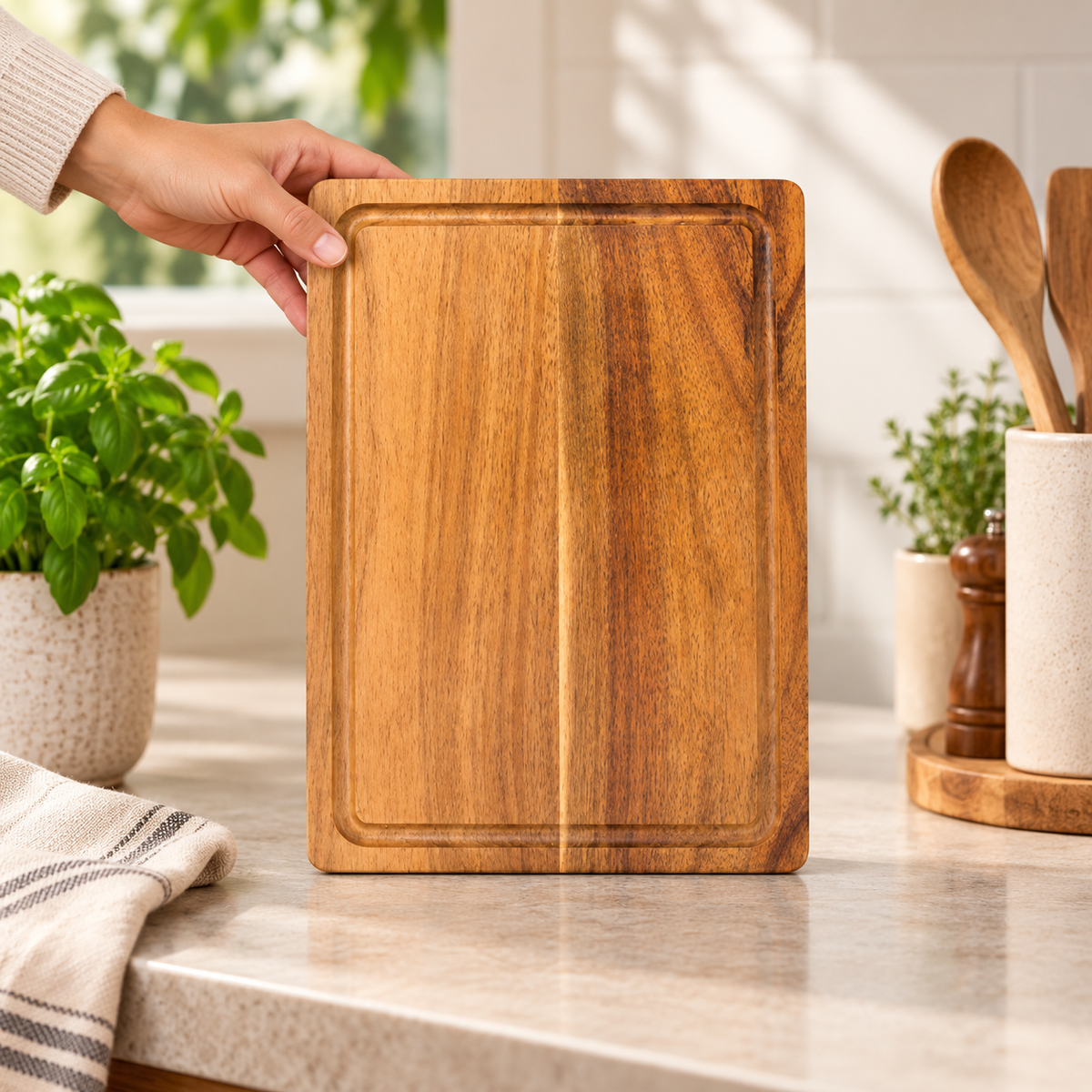 Wooden chopping board in a home setting