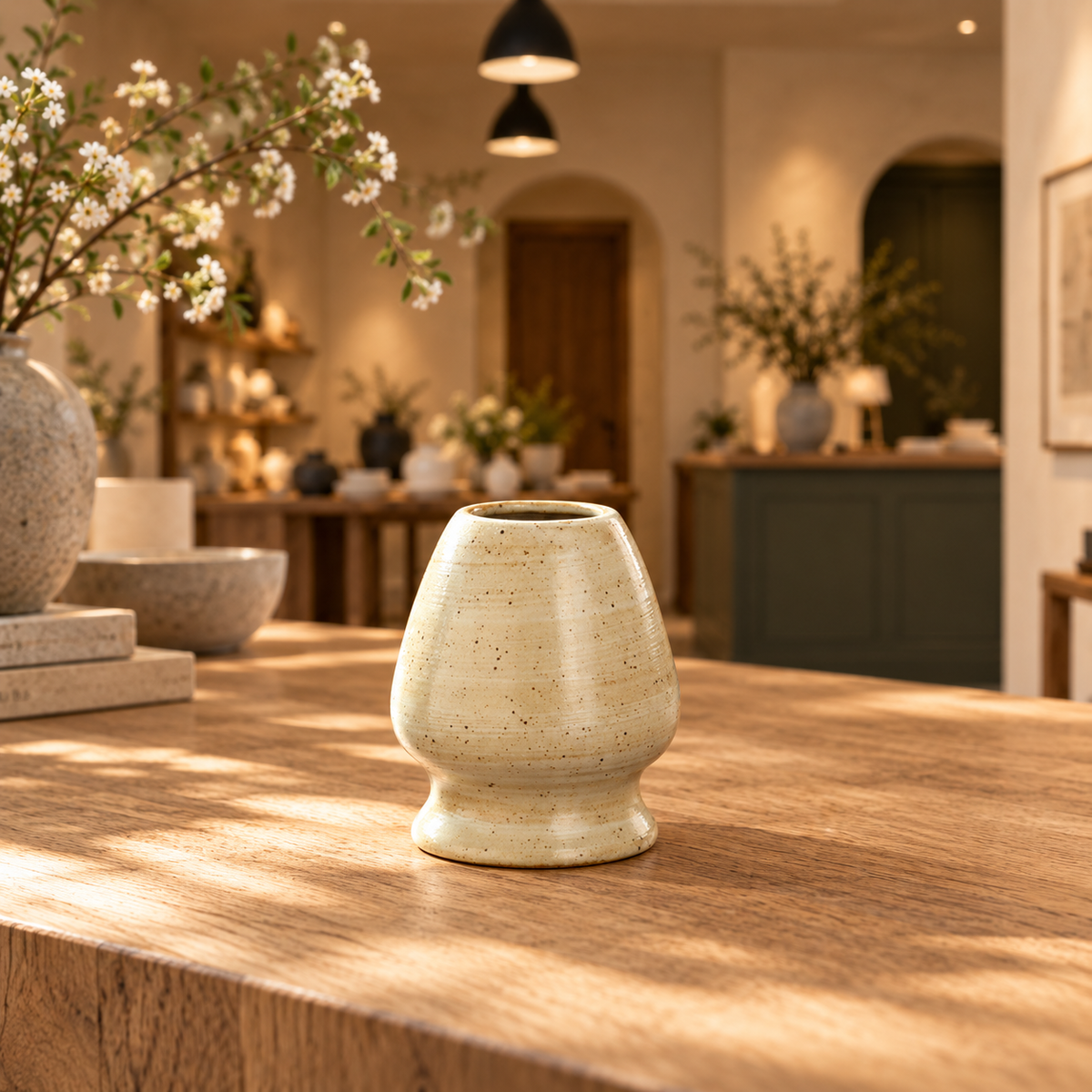 Ceramic matcha whisk holder in the IKI shop setting