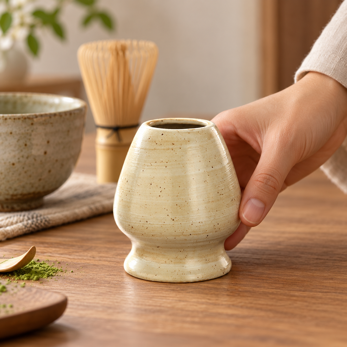 Ceramic matcha whisk holder in a home setting
