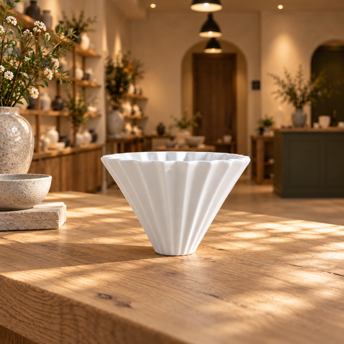 Ceramic pour-over coffee dripper in the IKI shop setting