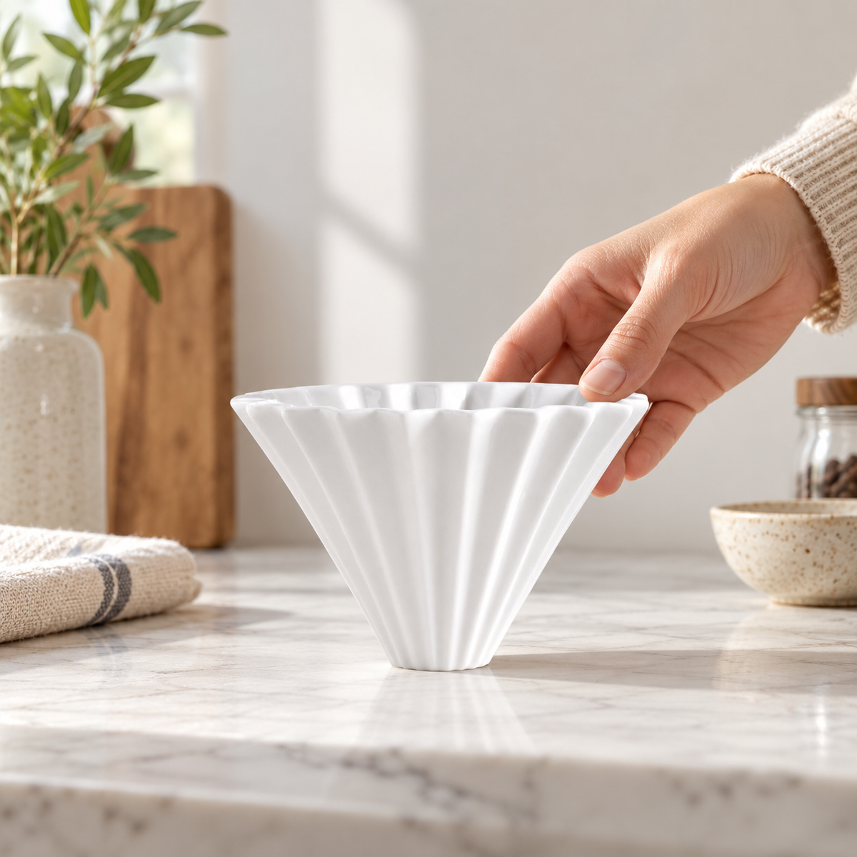 Ceramic pour-over coffee dripper in a home setting