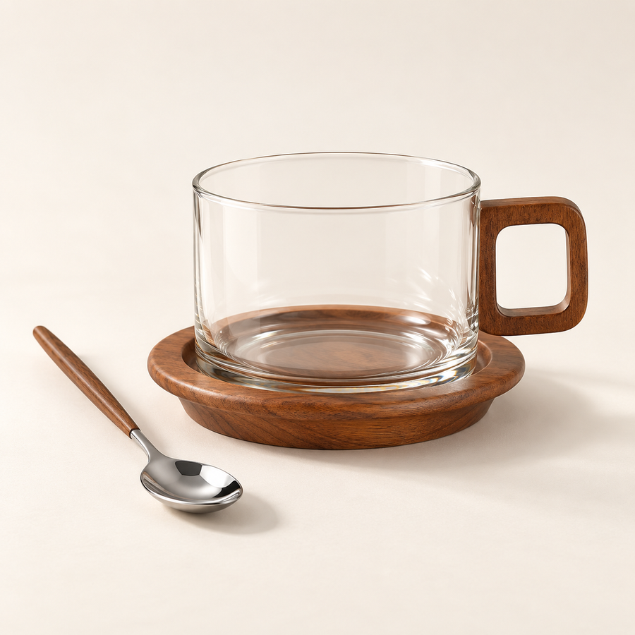 Companion coffee cup, coaster and spoon set in Clear Glass
