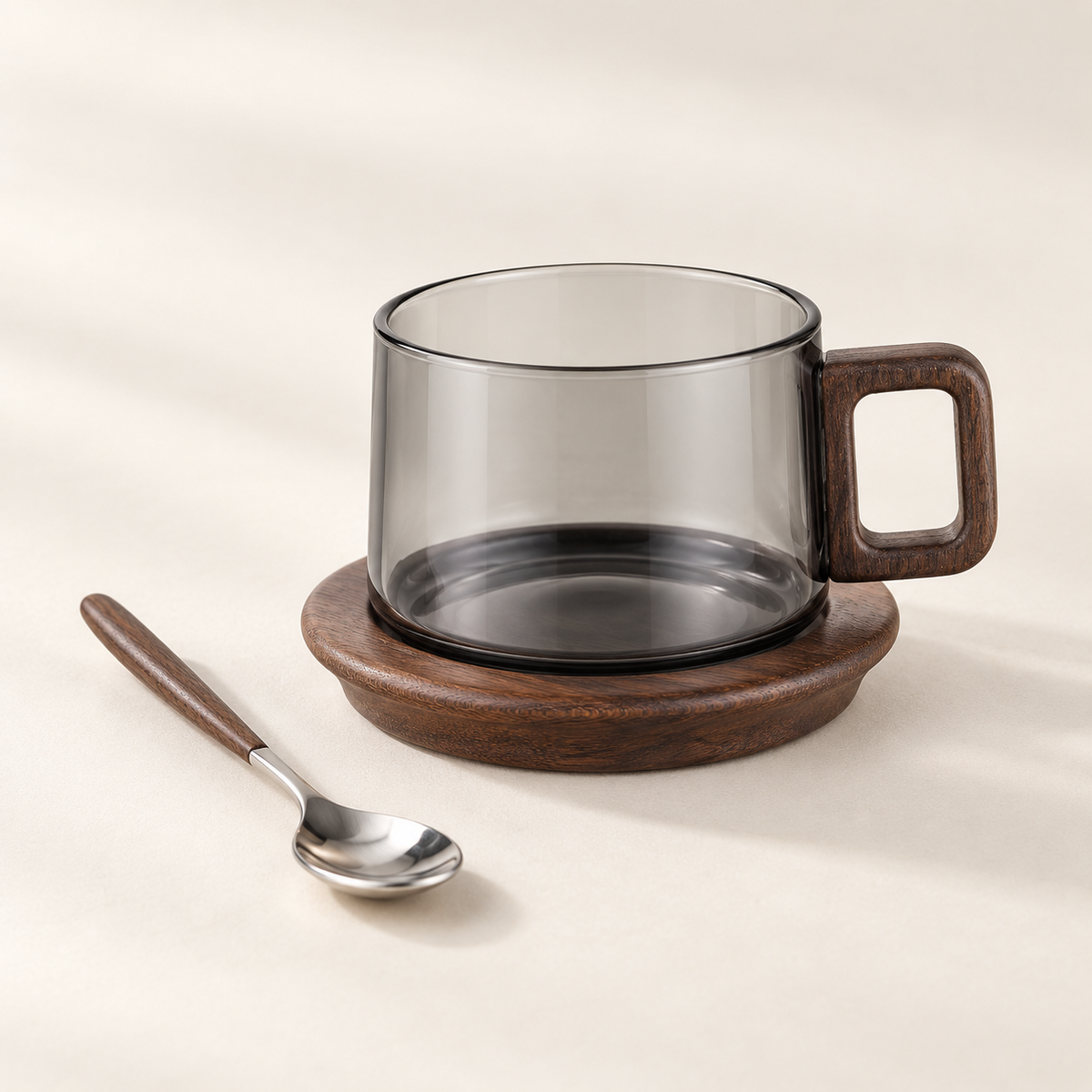 Companion coffee cup, coaster and spoon set in Smoked Glass