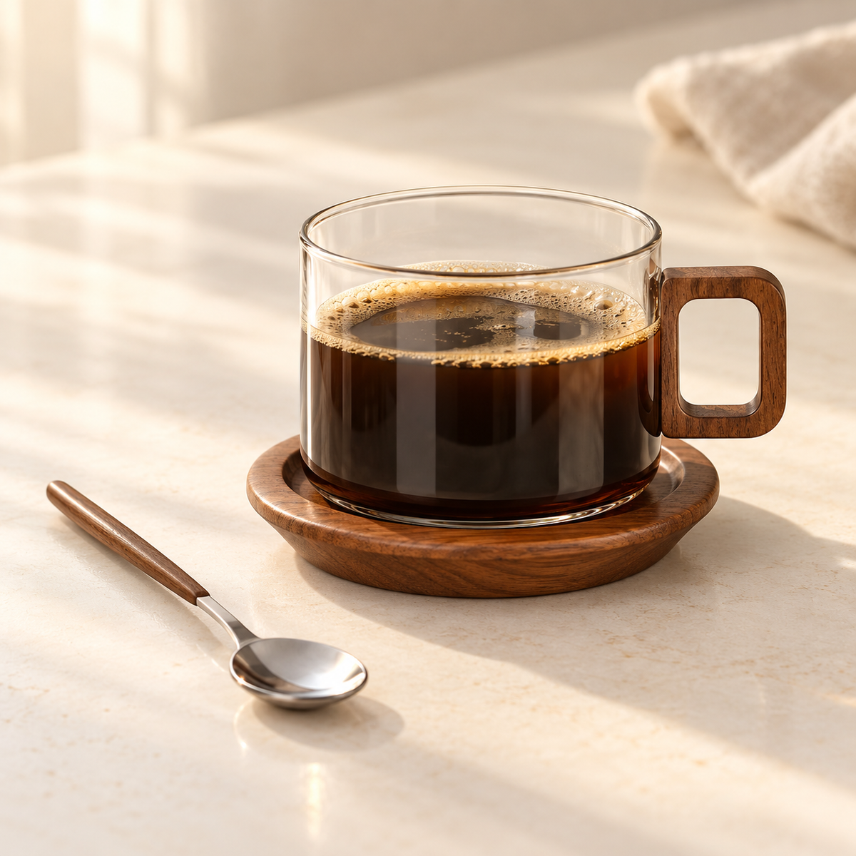 Clear glass coffee cup set styled with black coffee