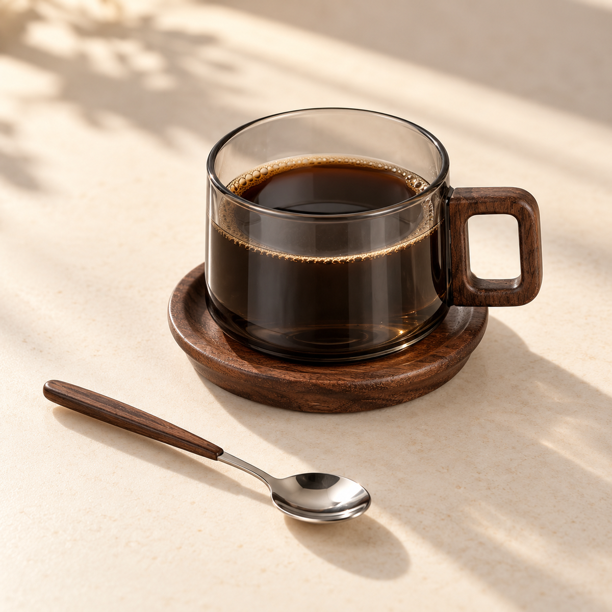 Grey glass coffee cup set styled with black coffee