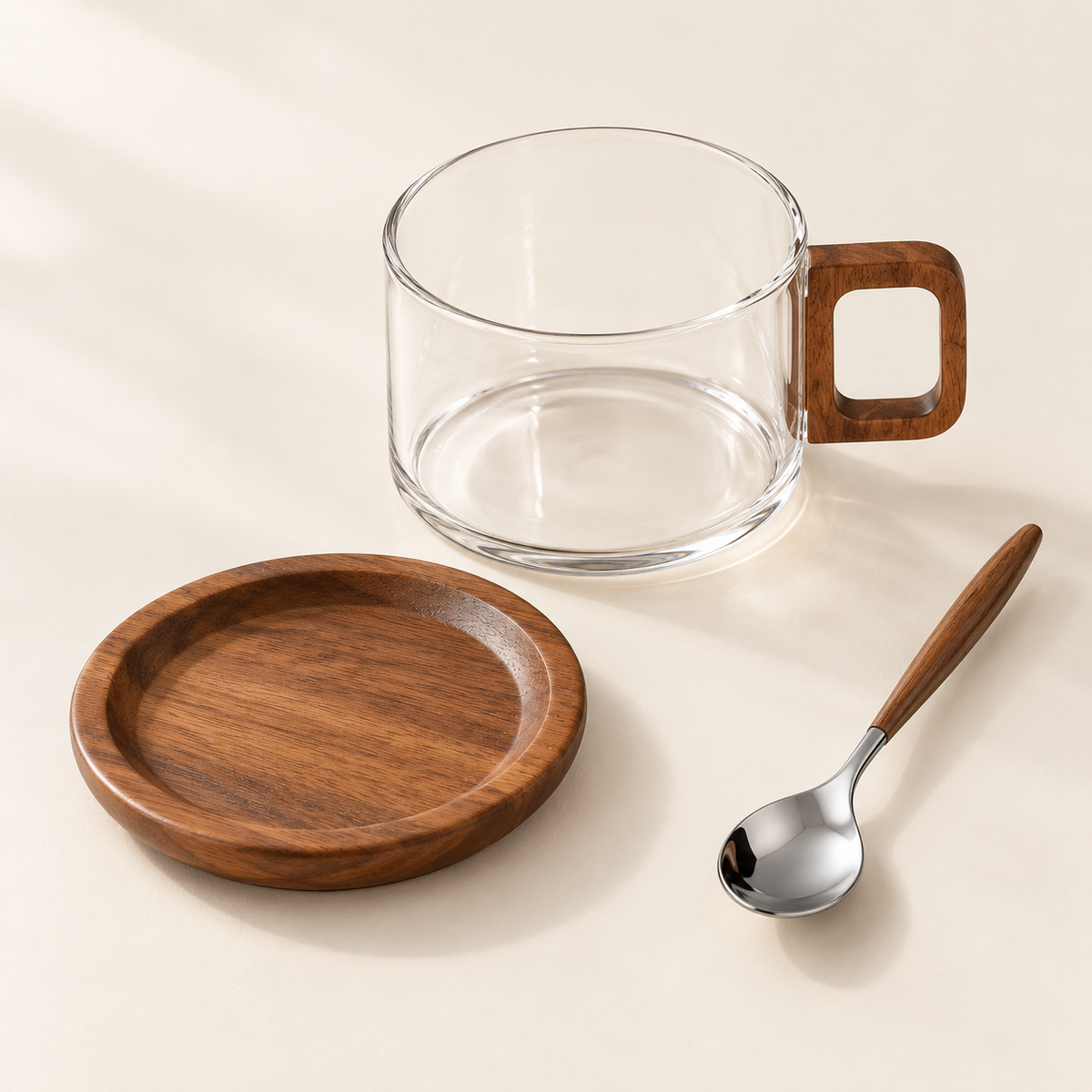 Clear cup, coaster and spoon shown separately