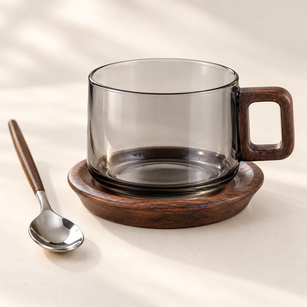 Grey coffee cup handle and coaster detail