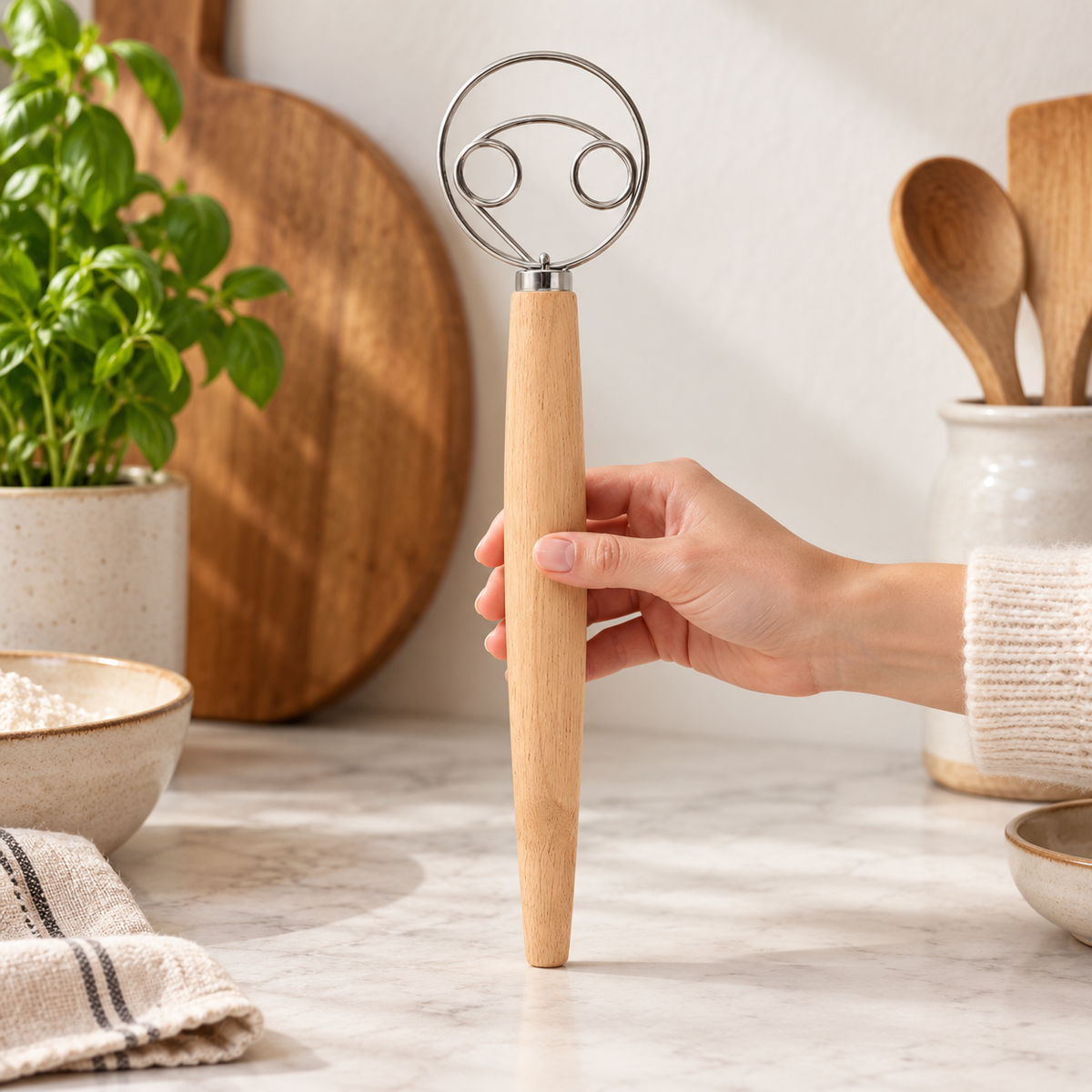 Danish dough whisk in a home setting