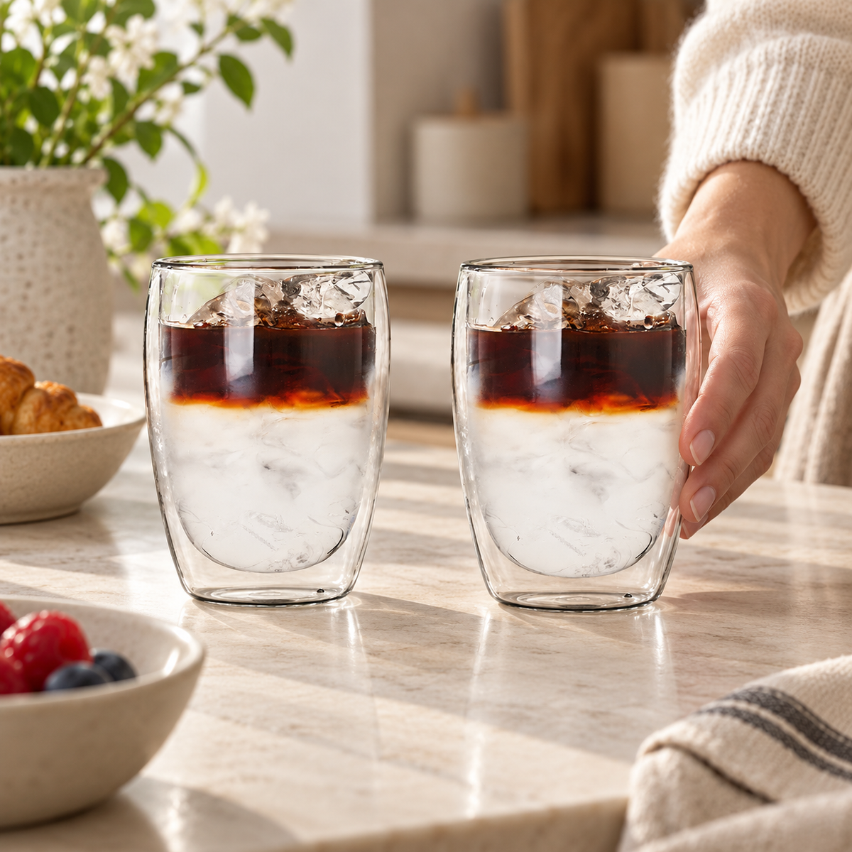 Double-wall latte glasses, set of 2 in a home setting