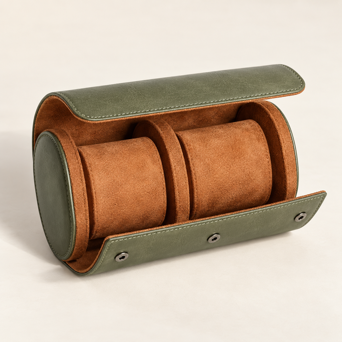 Olive Field 2-watch travel roll with tan pillows