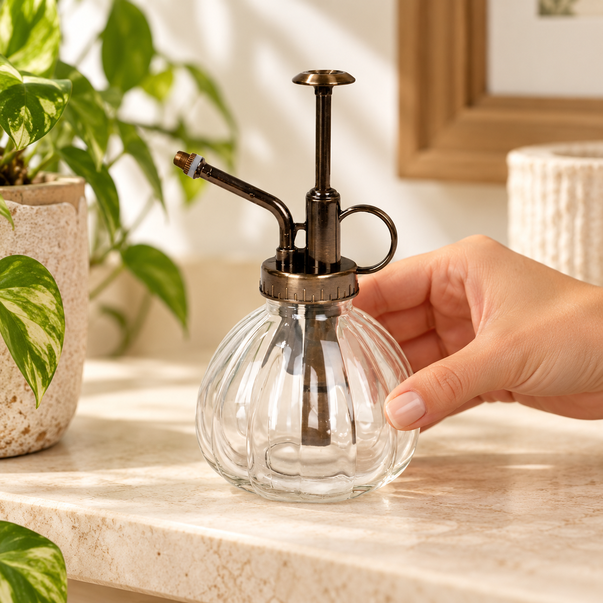 Glass plant mister in a home setting