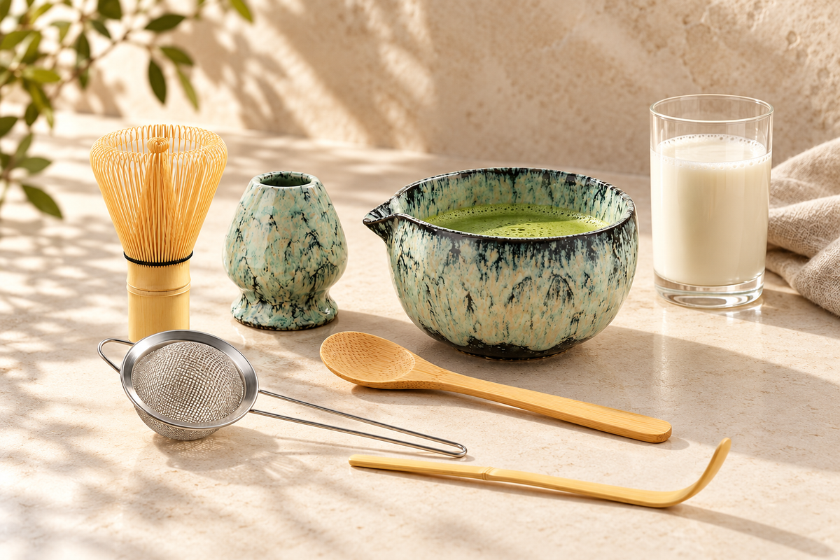 Glaze Pale celadon six-piece matcha set styled for preparation