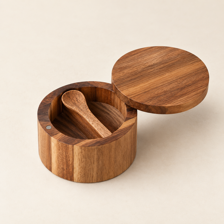 Table Pinch Two-Compartment Swivel Salt Cellar: on a cream background