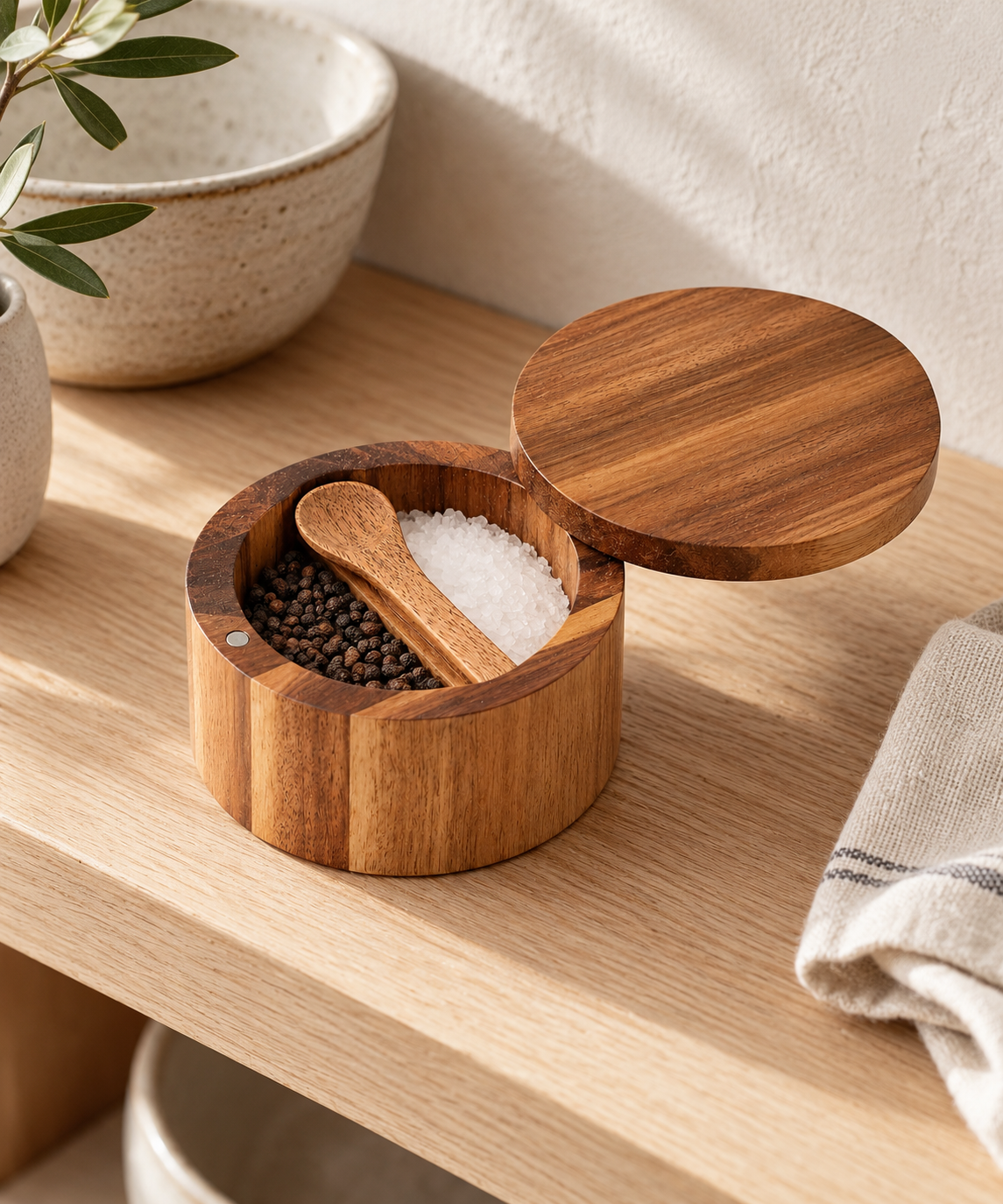 Table Pinch Two-Compartment Swivel Salt Cellar: in a shop setting