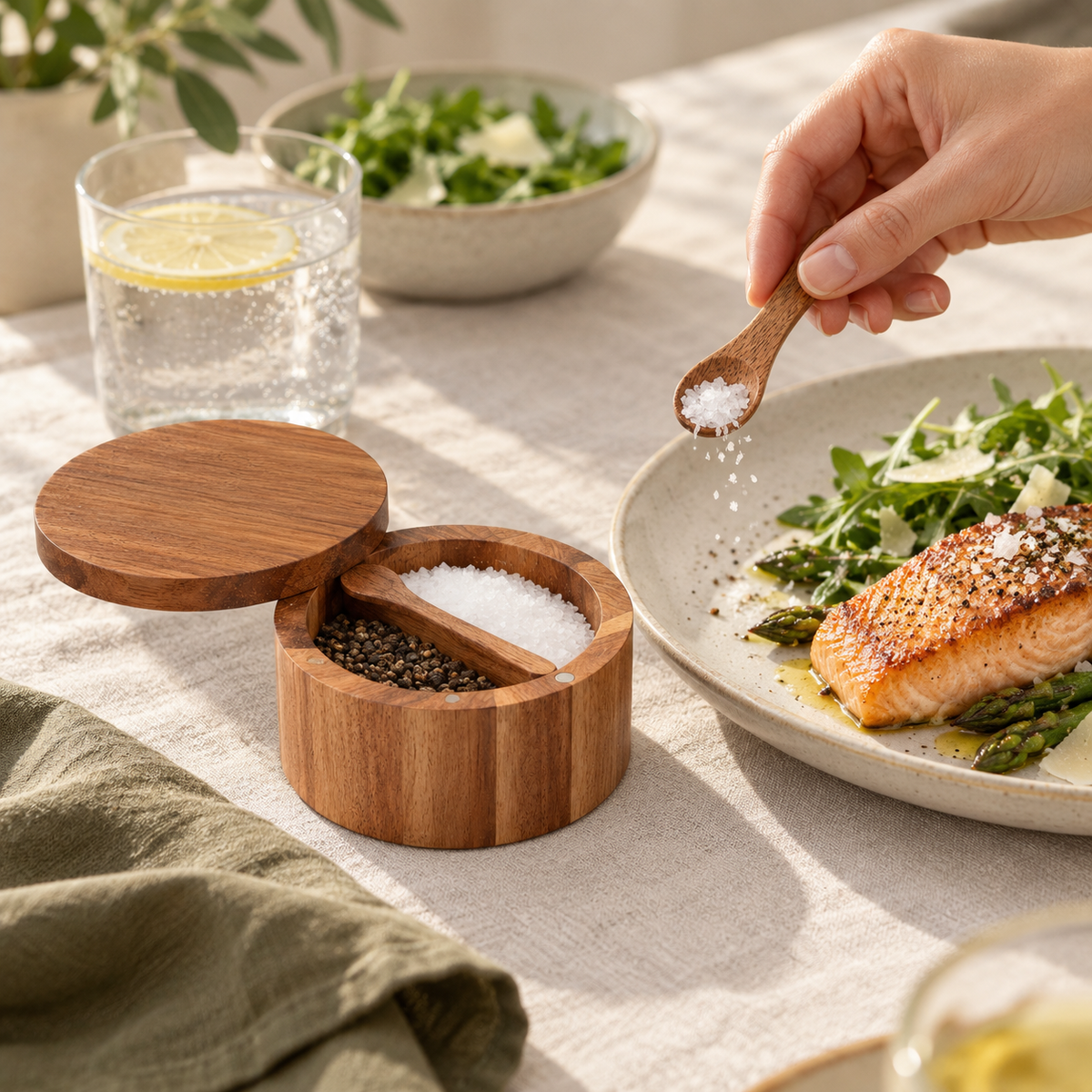 Table Pinch Two-Compartment Swivel Salt Cellar: in use