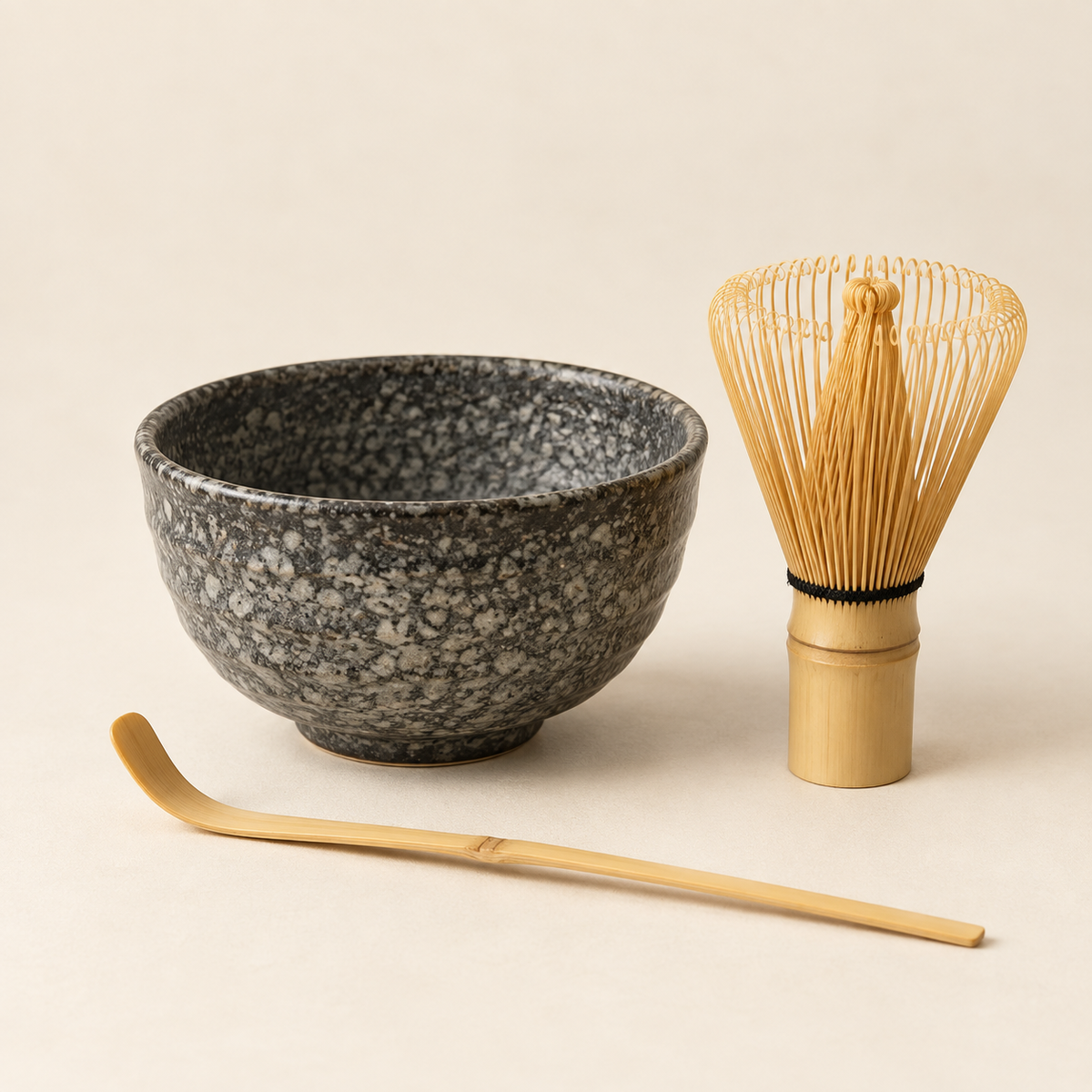 Still Matcha Set - Bowl, Whisk and Scoop: on a cream background