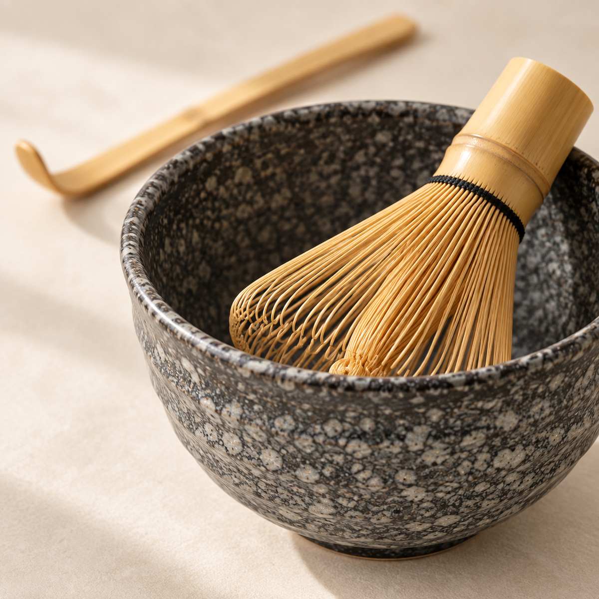Still Matcha Set - Bowl, Whisk and Scoop: close-up detail