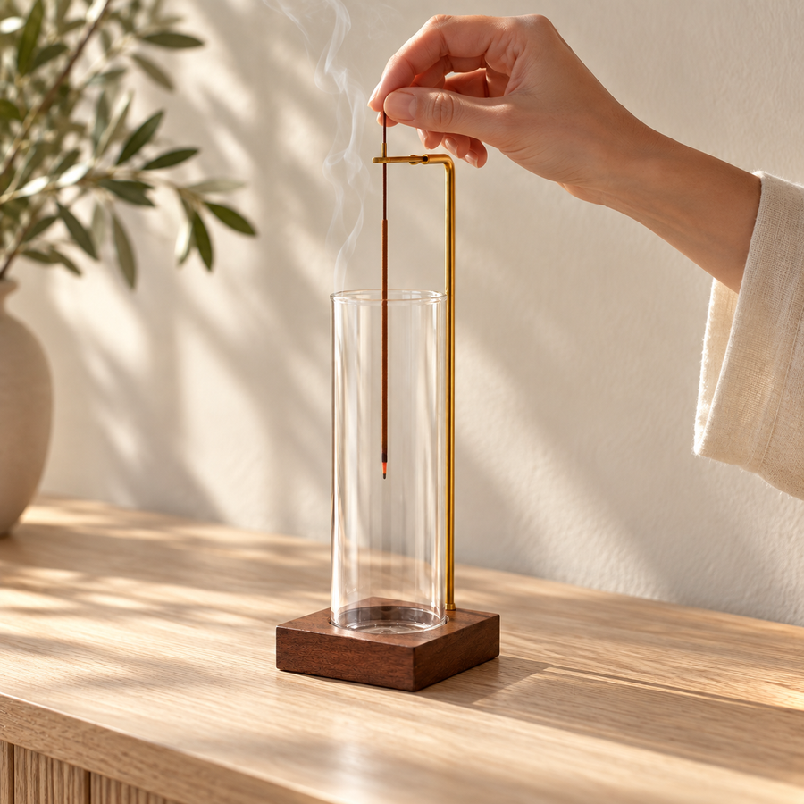 Line & Ember Glass Ash-Catcher Incense Holder: in use