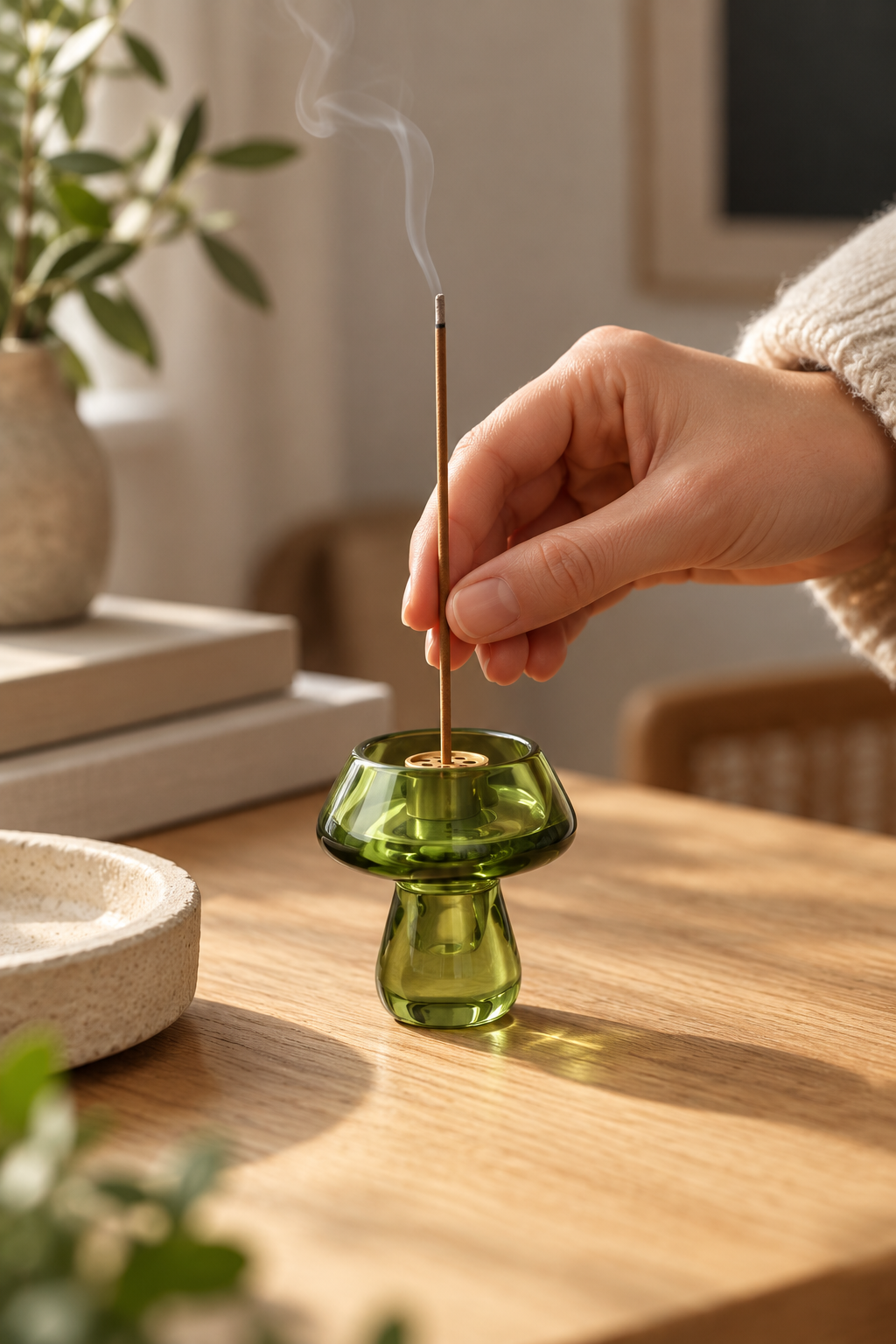 Canopy Glass Incense Holder - Moss Green: in use
