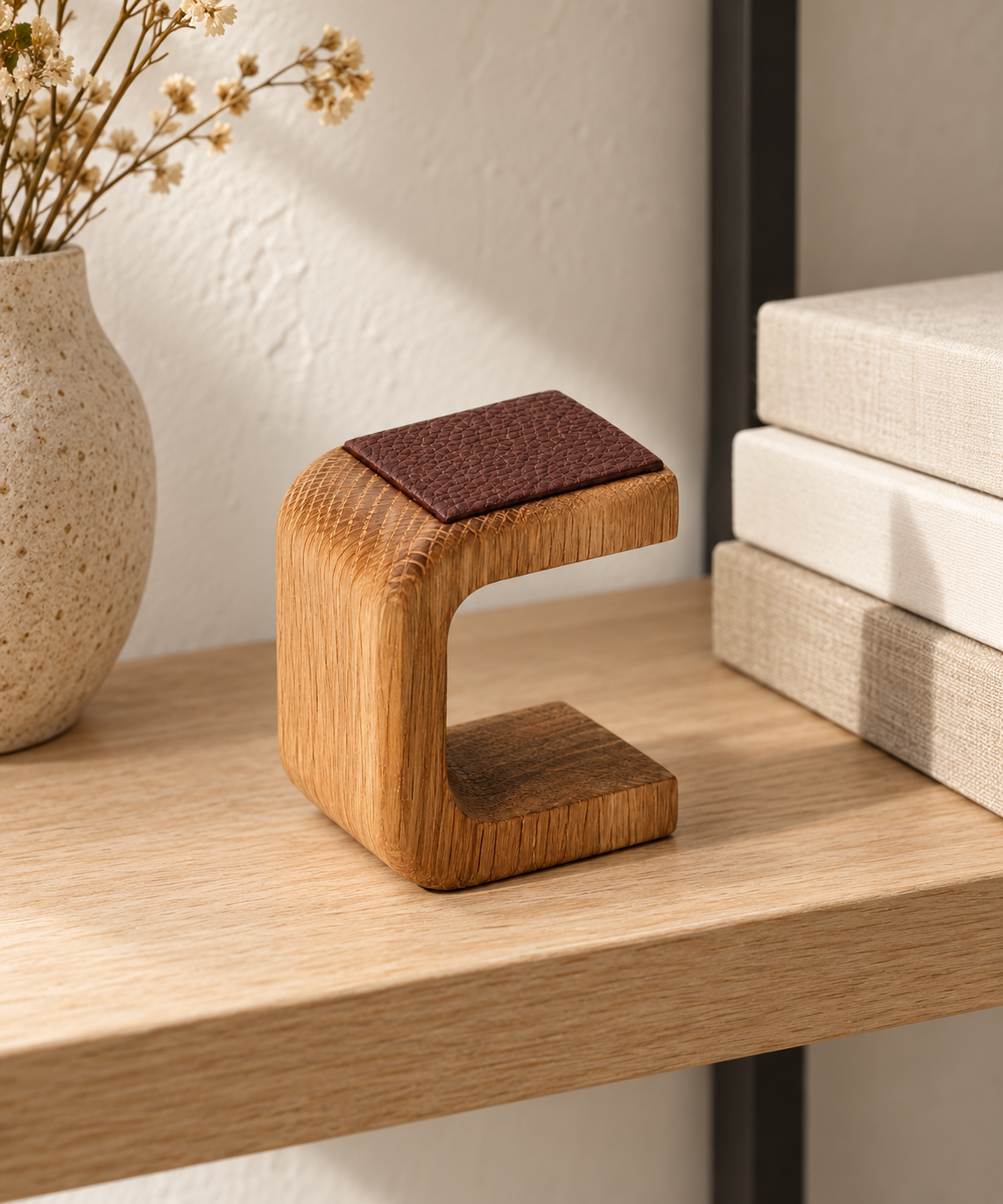 Resting Watch Stand - Oak Tone: in a shop setting