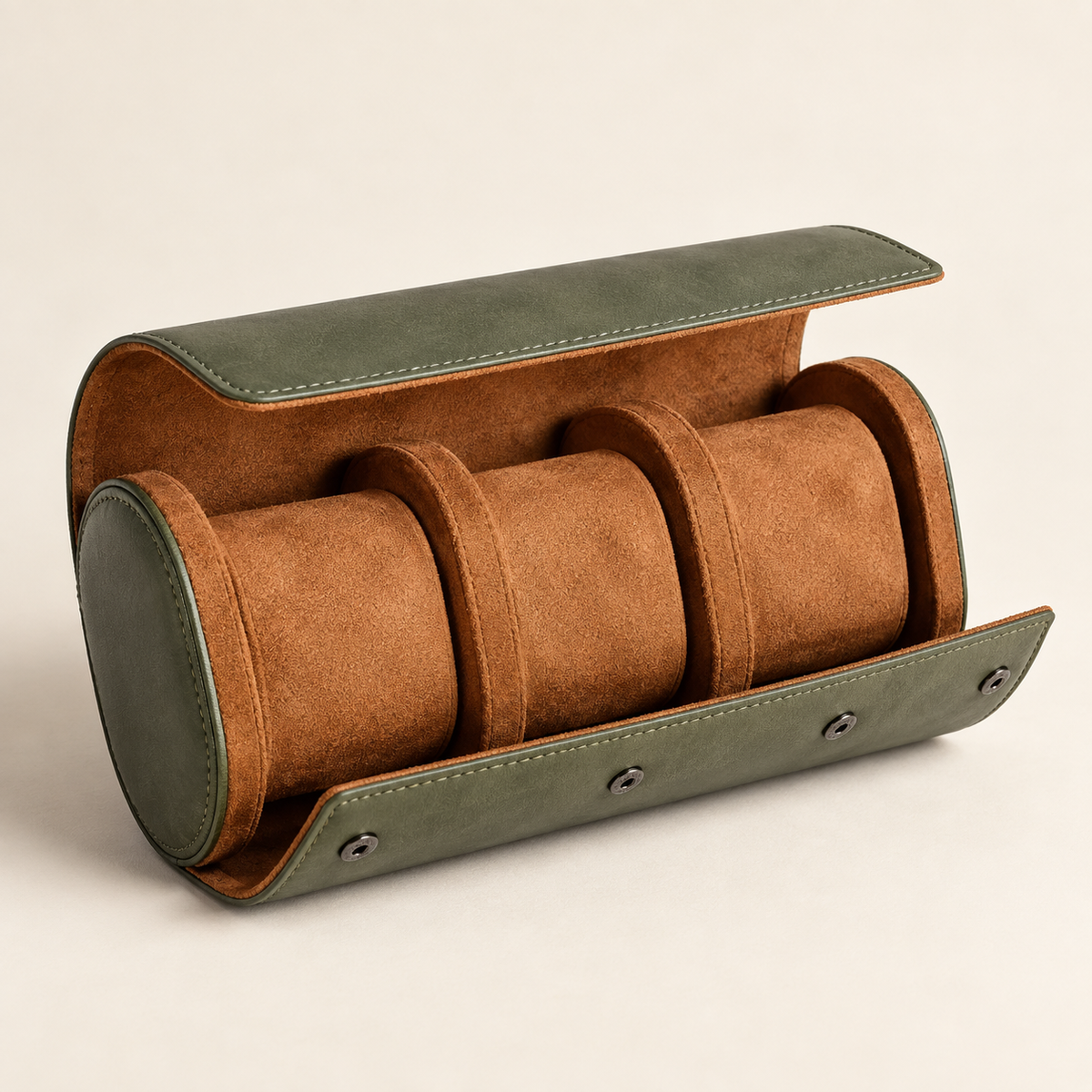 Field Three-Watch Travel Roll - Olive: on a cream background