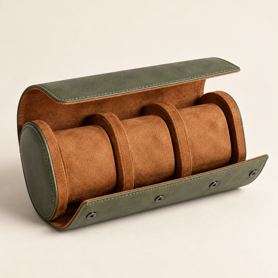 Field Three-Watch Travel Roll - Olive: on a cream background