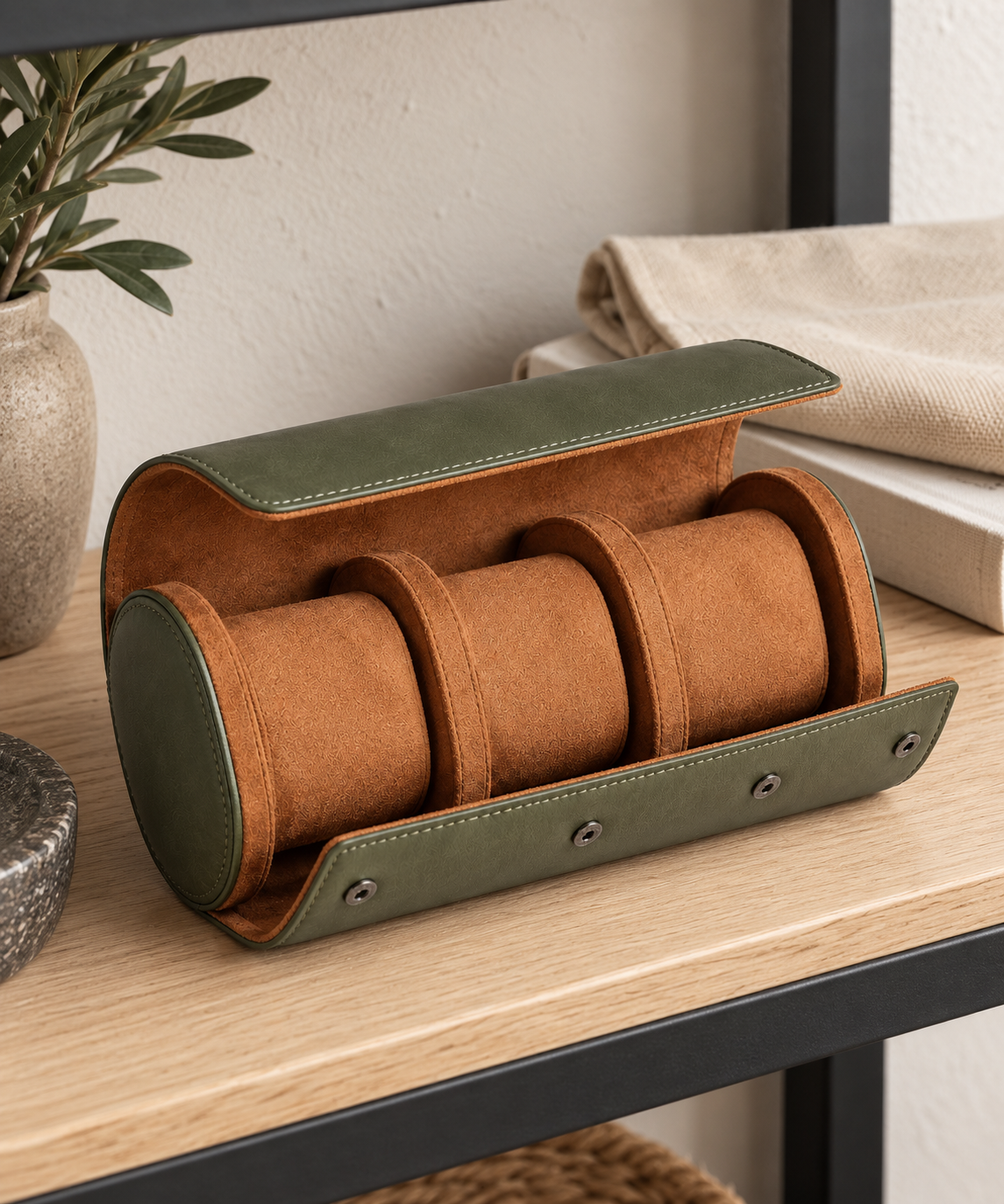 Field Three-Watch Travel Roll - Olive: in a shop setting