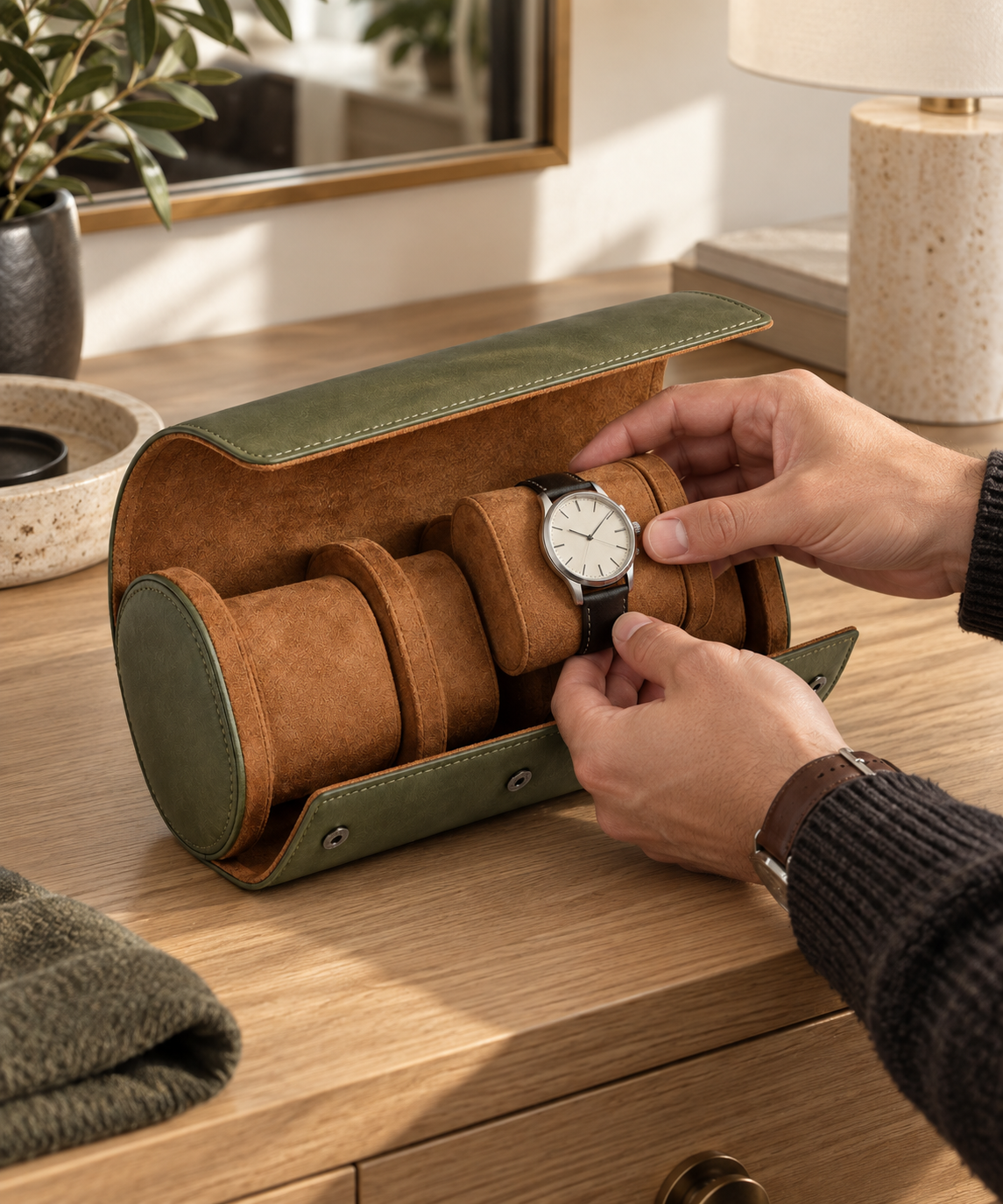 Field Three-Watch Travel Roll - Olive: in use