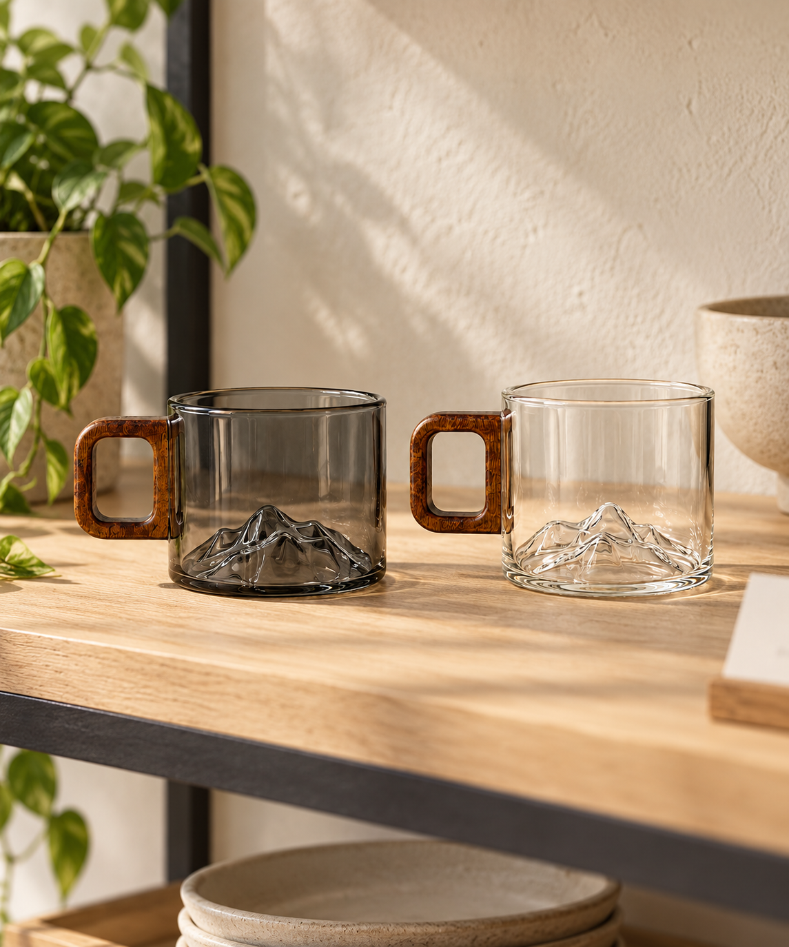 Ridgeline Glass Coffee Cups - Set of Two: in a shop setting